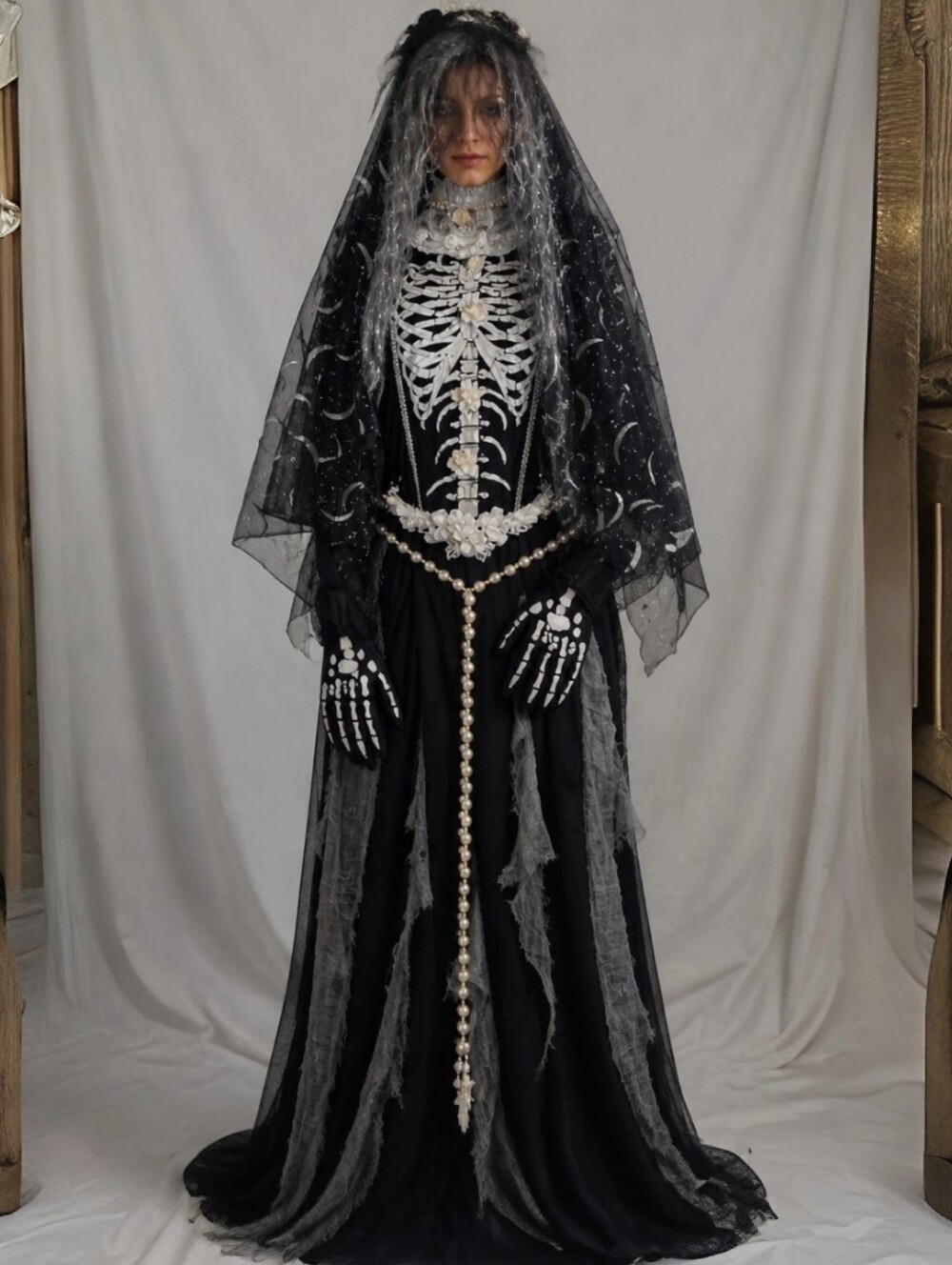 Upcycled Ghost Of Ophelia Gothic Skeleton Costume Black & Silver Gown L - Picture 10 of 15
